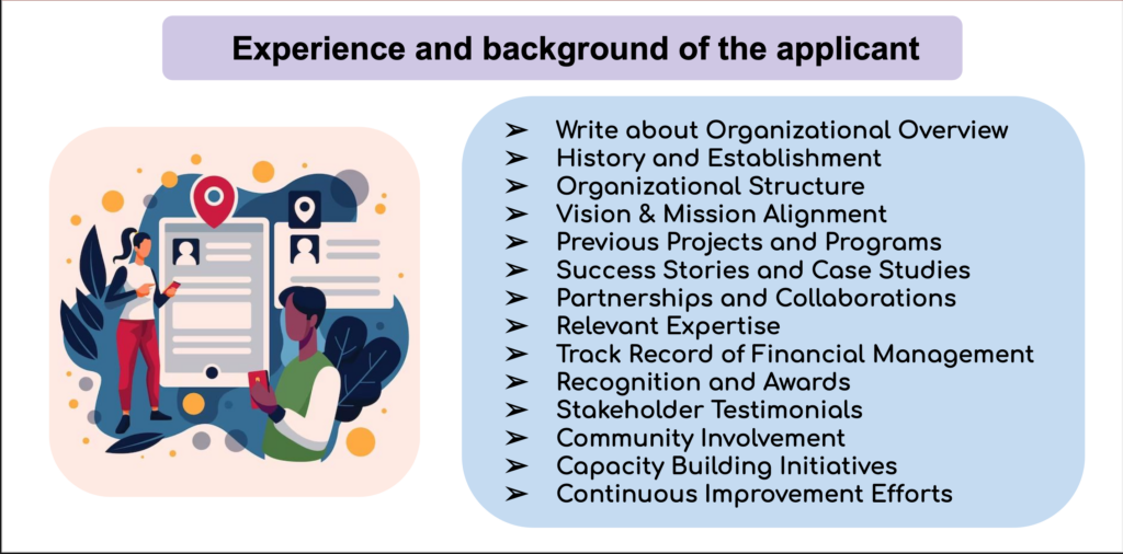 <strong>Below are a few points that you can cover -</strong></p> <ul> <li>Write about the organisational overview</li> <li>History and establishment</li> <li>Organisational structure</li> <li>Vision and mission alignment</li> <li>Previous projects and programs</li> <li>Successful stories and case studies</li> <li>Partnerships and collaboration</li> <li>Relevant expertise</li> <li>Track record of financial management</li> <li>Recognition and awards</li> <li>Stakeholder testimonials</li> <li>Community involvement</li> <li>Capacity building initiatives</li> <li>Continuous improvement efforts</li> <p>